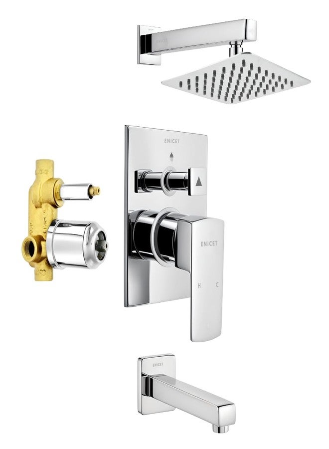 ENICET طقم محول دش عالي التدفق من النحاس الممتاز من إينيسيت مع رأس دش مطري 6 بوصات وفوهة - نظام صنبور خلاط حمام بذراع واحد مطلي بالكروم - طقم محول مثبت على الحائط لتجديد الحمامات الحديثة - Image 1